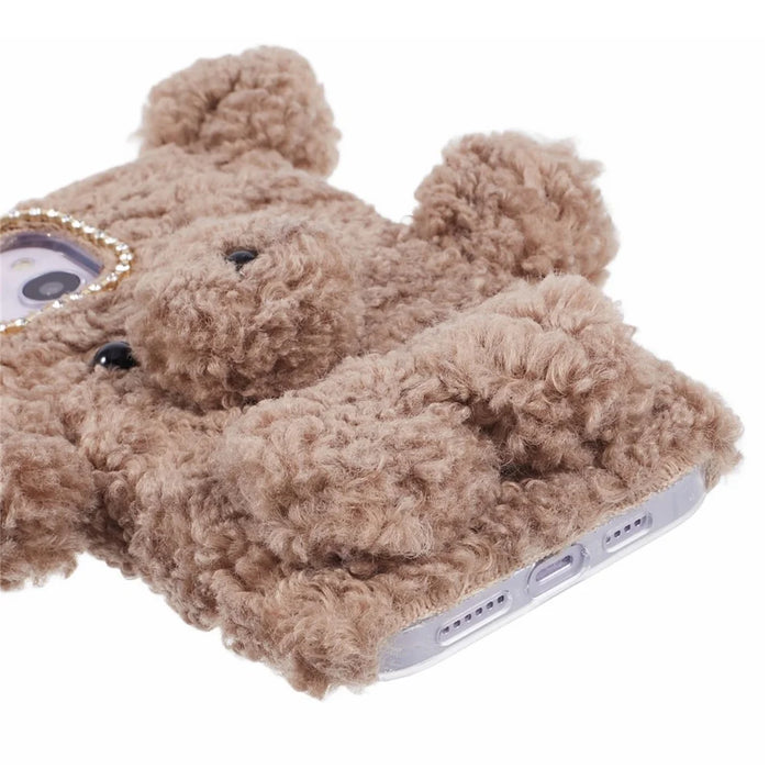 For iPhone 15 3D Bear Furry Plush Case Protective TPU Phone Cover - Brown - 5