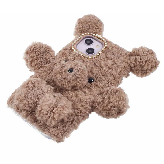 For iPhone 15 3D Bear Furry Plush Case Protective TPU Phone Cover - Brown - 6