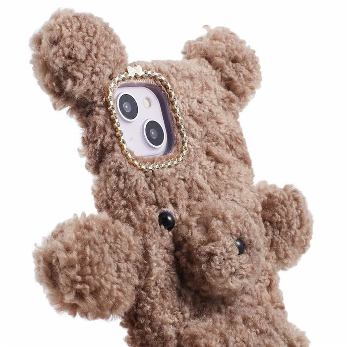 For iPhone 15 3D Bear Furry Plush Case Protective TPU Phone Cover - Brown - 7