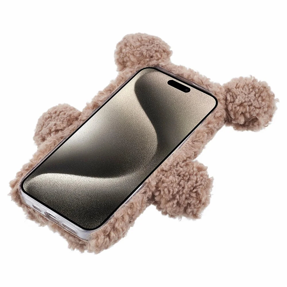 For iPhone 15 Pro Max 3D Funny Cartoon Bear Case Fluffy Furry Soft TPU Phone Cover - Brown - 4