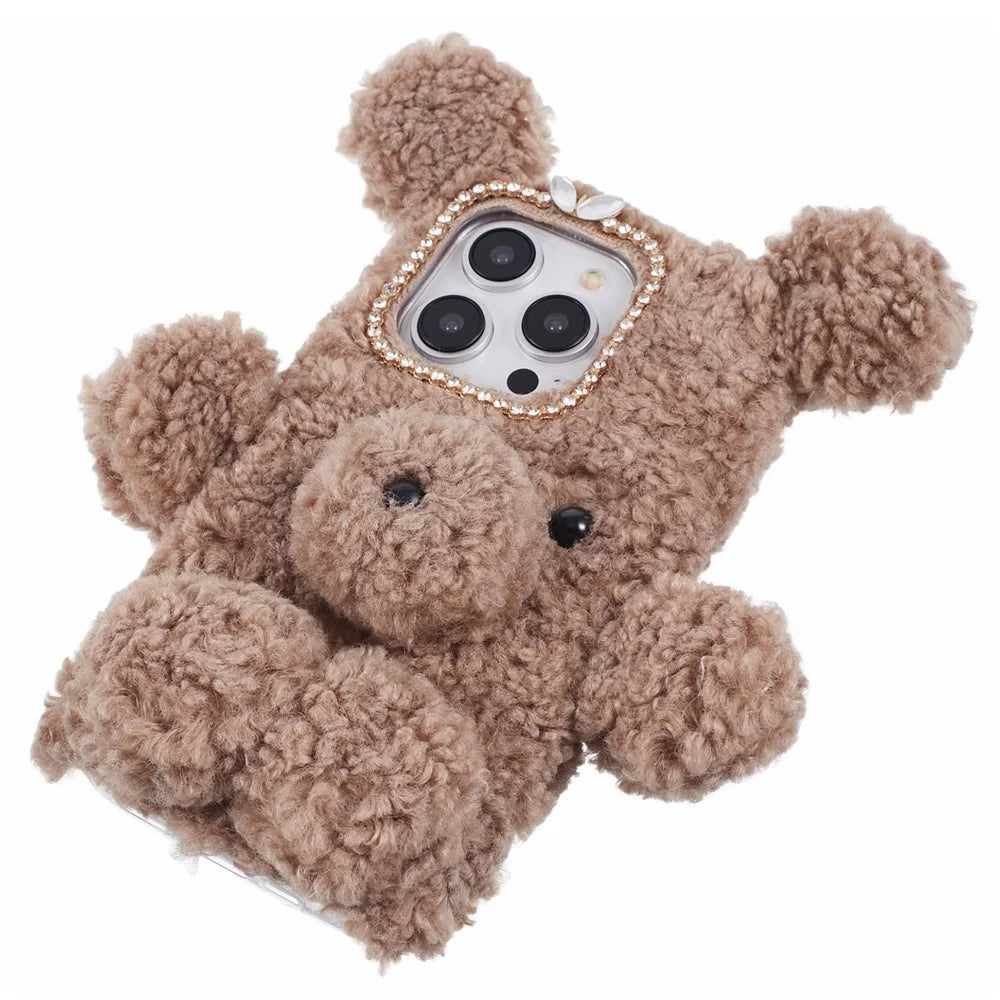 For iPhone 15 Pro Max 3D Funny Cartoon Bear Case Fluffy Furry Soft TPU Phone Cover - Brown - 5