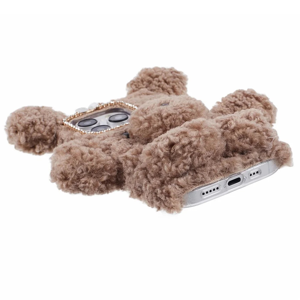 For iPhone 15 Pro Max 3D Funny Cartoon Bear Case Fluffy Furry Soft TPU Phone Cover - Brown - 6
