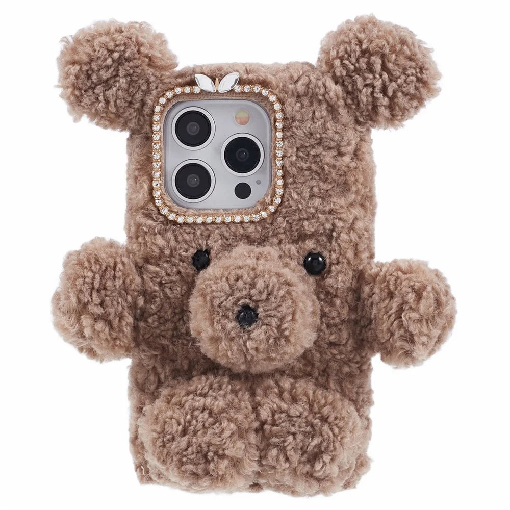 For iPhone 15 Pro 3D Bear Furry Plush Case Soft TPU Winter Warm Protective Phone Cover - Brown - 1