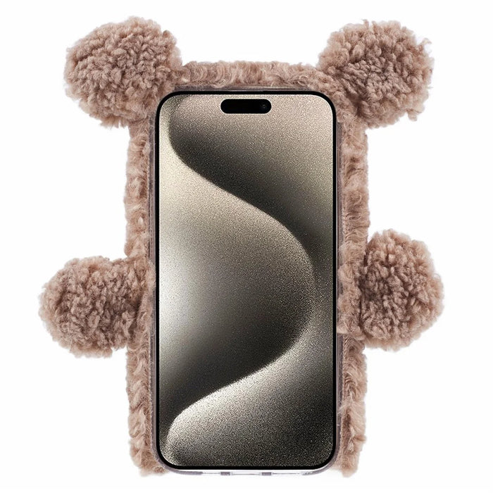 For iPhone 15 Pro 3D Bear Furry Plush Case Soft TPU Winter Warm Protective Phone Cover - Brown - 2