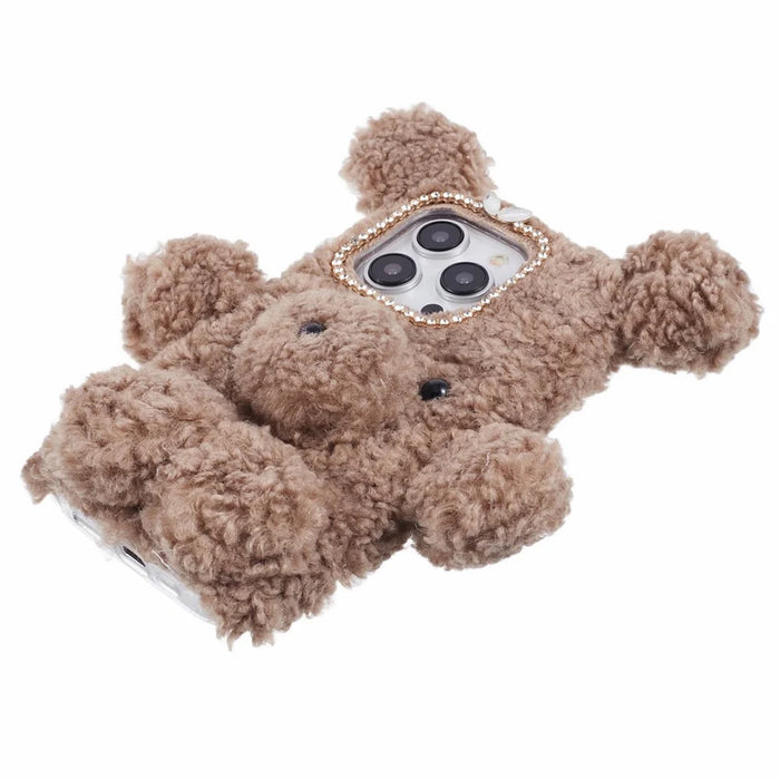 For iPhone 15 Pro 3D Bear Furry Plush Case Soft TPU Winter Warm Protective Phone Cover - Brown - 3
