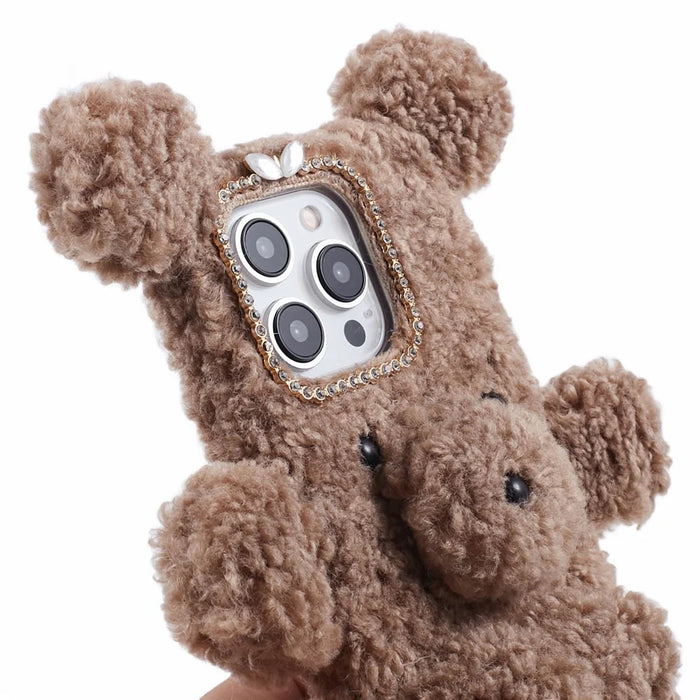For iPhone 15 Pro 3D Bear Furry Plush Case Soft TPU Winter Warm Protective Phone Cover - Brown - 7