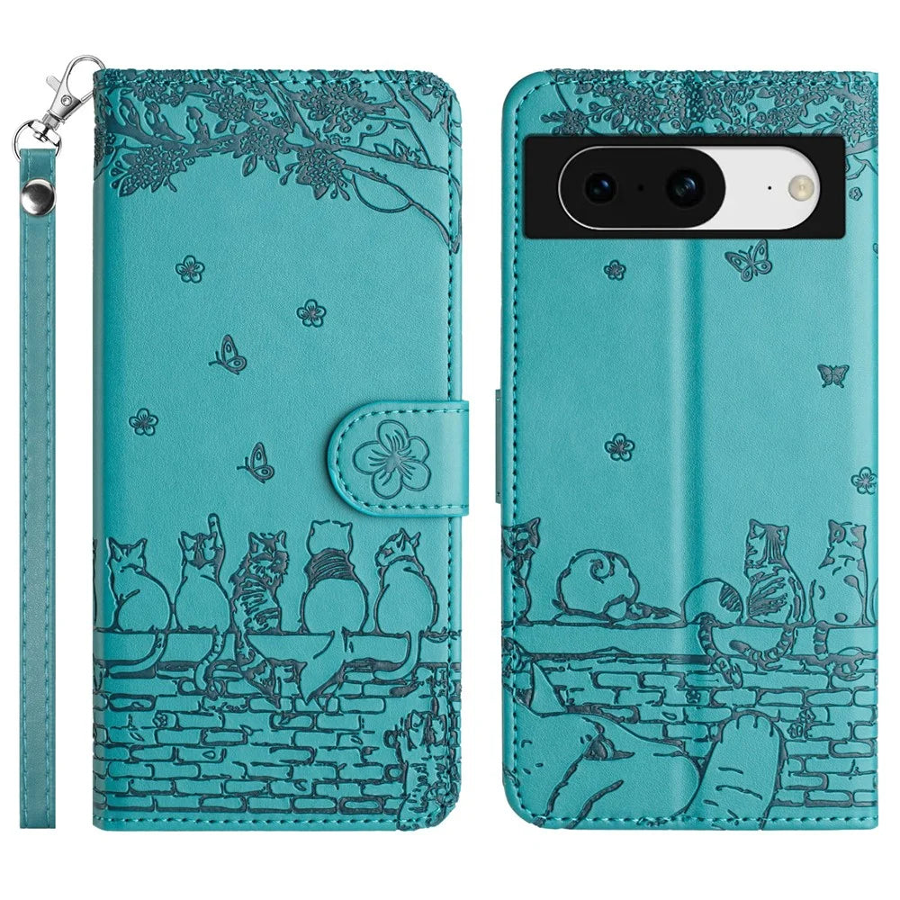 For Google Pixel 8 Cover Leather Stand Wallet Wall Cats Imprinted Phone Case with Strap - Blue - 1
