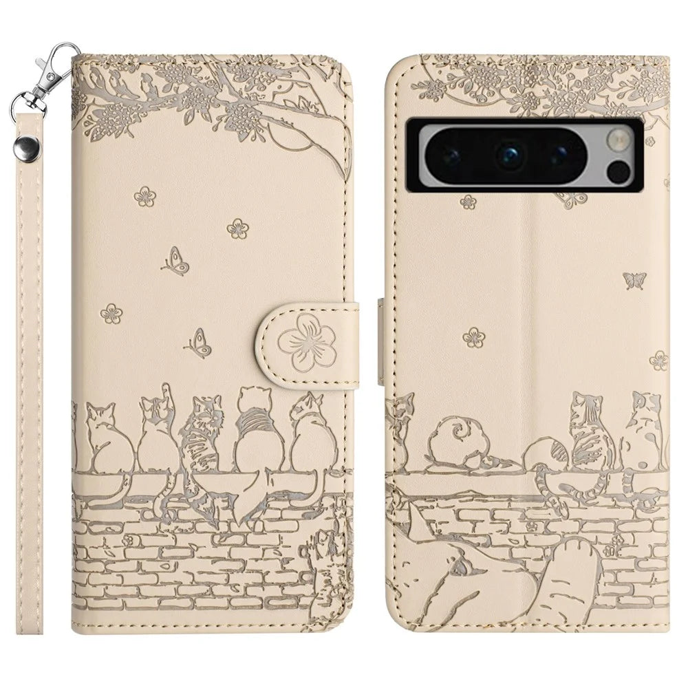 For Google Pixel 8 Pro Case Wall Cats Imprinted PU Leather Wallet Phone Cover with Strap - Apricot - 1