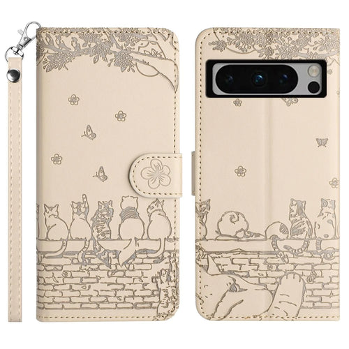For Google Pixel 8 Pro Case Wall Cats Imprinted PU Leather Wallet Phone Cover with Strap - Apricot - 1