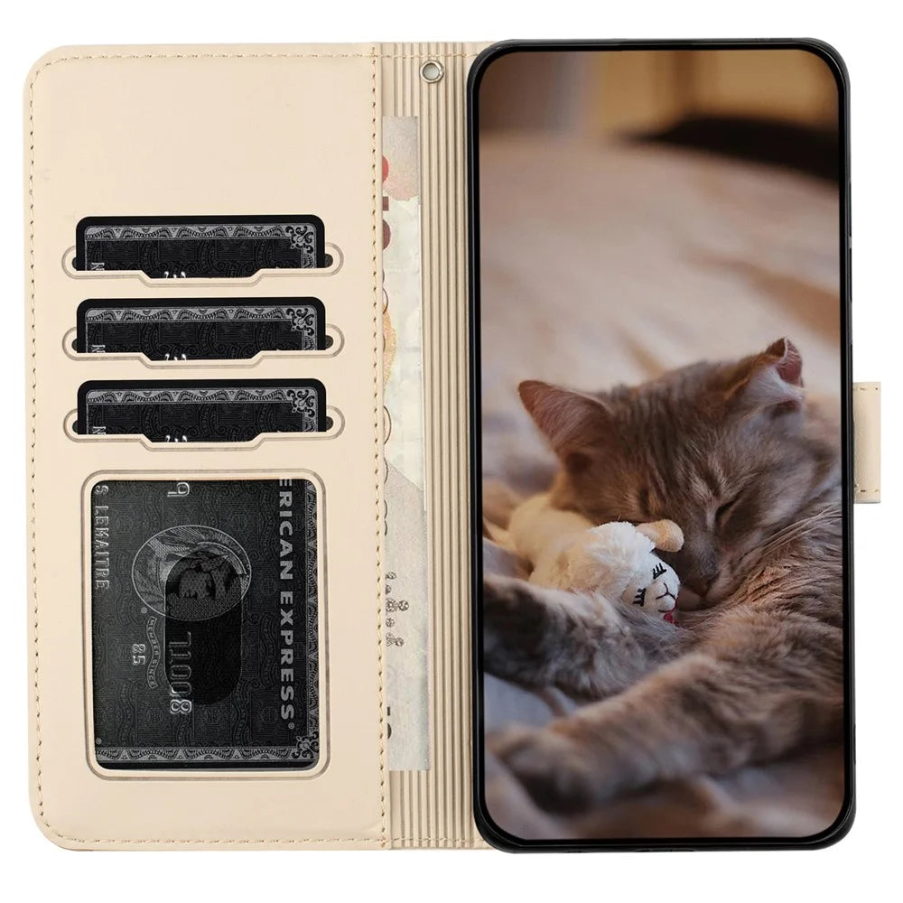 For Google Pixel 8 Pro Case Wall Cats Imprinted PU Leather Wallet Phone Cover with Strap - Apricot - 3