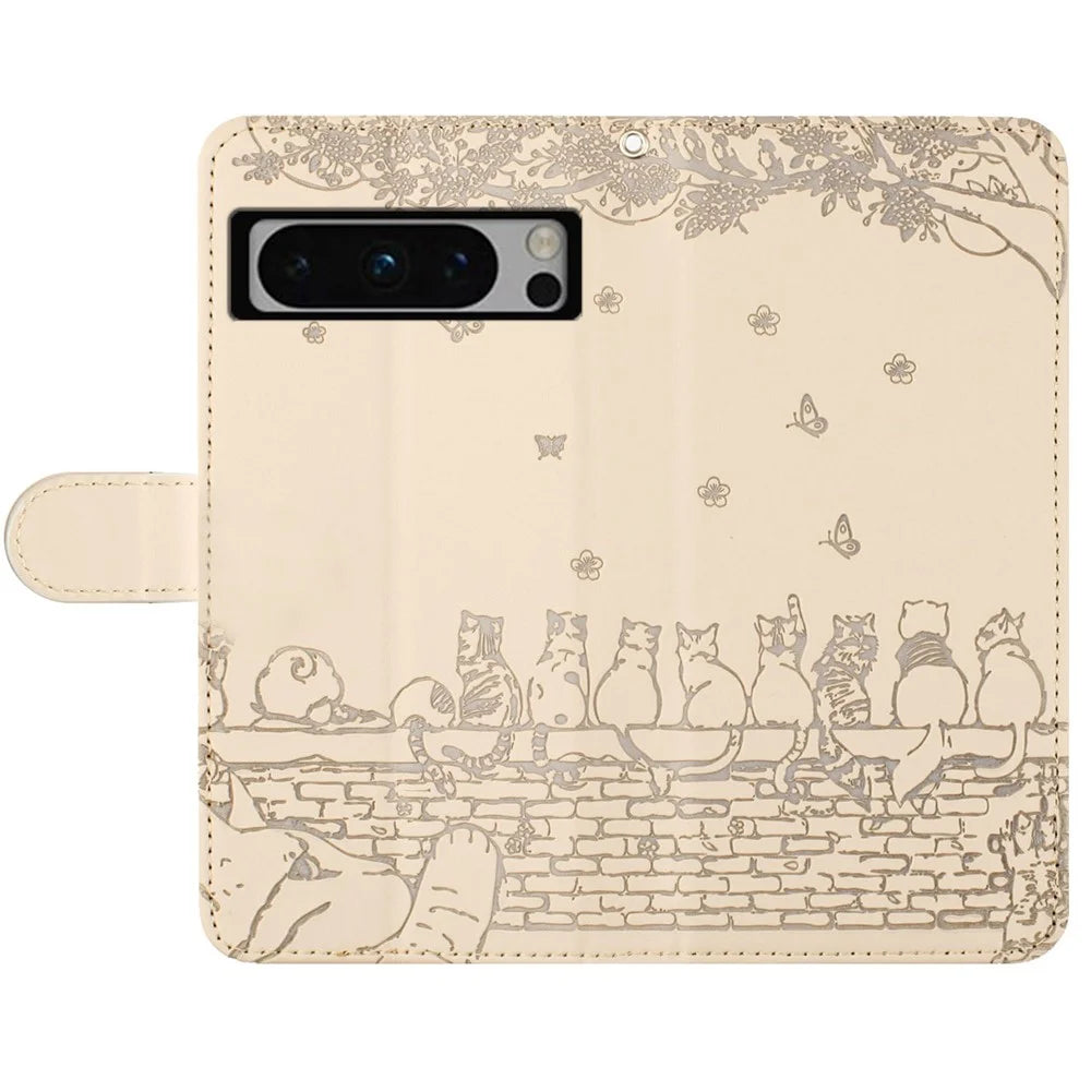 For Google Pixel 8 Pro Case Wall Cats Imprinted PU Leather Wallet Phone Cover with Strap - Apricot - 4