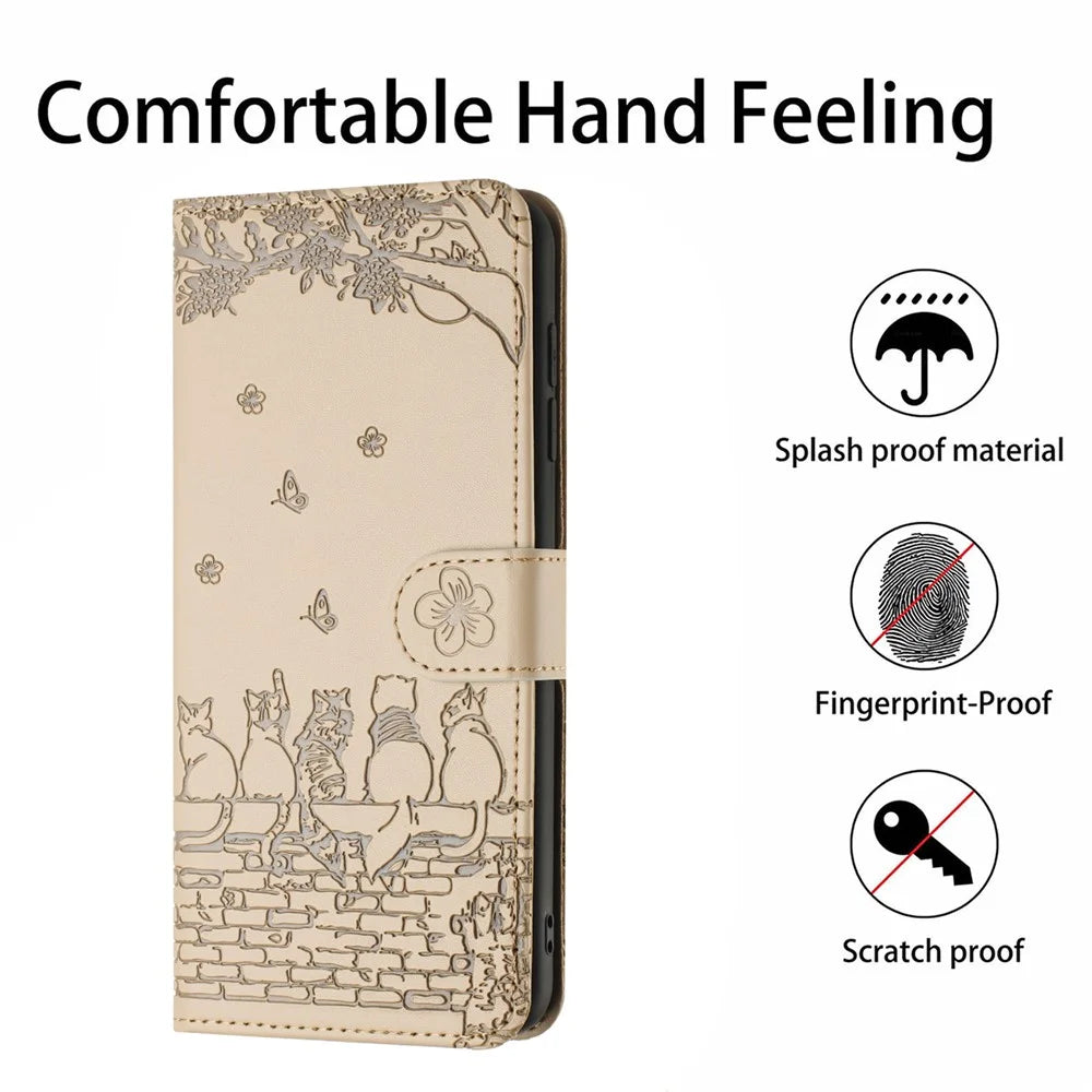 For Google Pixel 8 Pro Case Wall Cats Imprinted PU Leather Wallet Phone Cover with Strap - Apricot - 5
