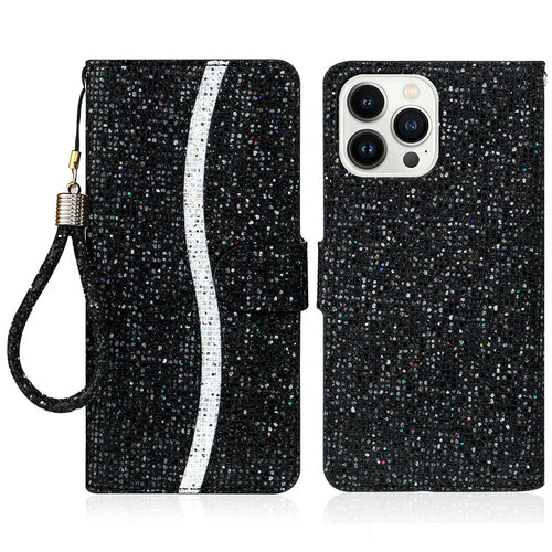 For iPhone 15 Pro Max Mobile Phone Stand Case Glitter Splicing PU Leather Wallet Cover with Strap - Black - 1