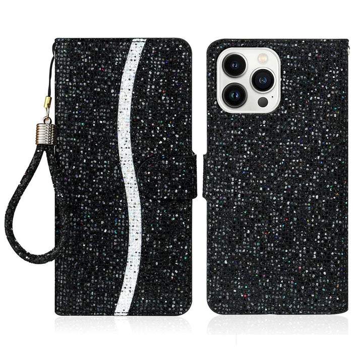 For iPhone 15 Pro Max Mobile Phone Stand Case Glitter Splicing PU Leather Wallet Cover with Strap - Black - 1