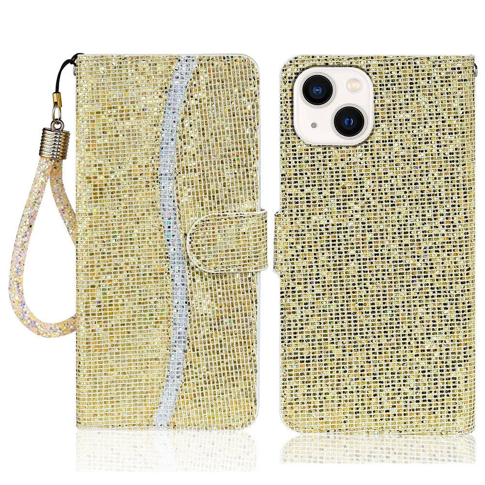 For iPhone 15 Plus Cell Phone Case PU Leather Wallet Stand Glitter Splicing Cover with Strap - Gold - 1