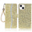 For iPhone 15 Plus Cell Phone Case PU Leather Wallet Stand Glitter Splicing Cover with Strap - Gold - 1