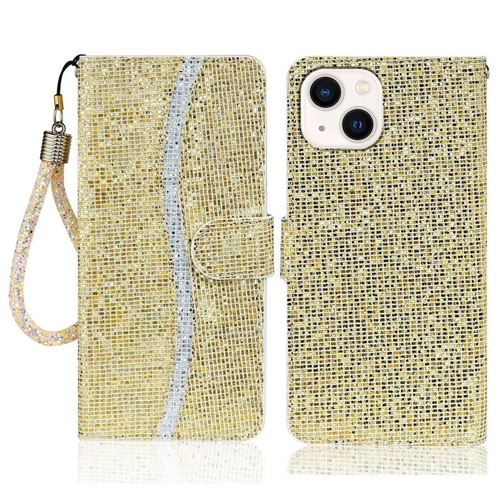 For iPhone 15 Plus Cell Phone Case PU Leather Wallet Stand Glitter Splicing Cover with Strap - Gold - 1