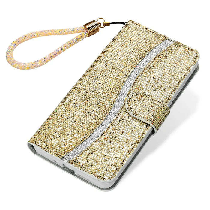 For iPhone 15 Plus Cell Phone Case PU Leather Wallet Stand Glitter Splicing Cover with Strap - Gold - 4
