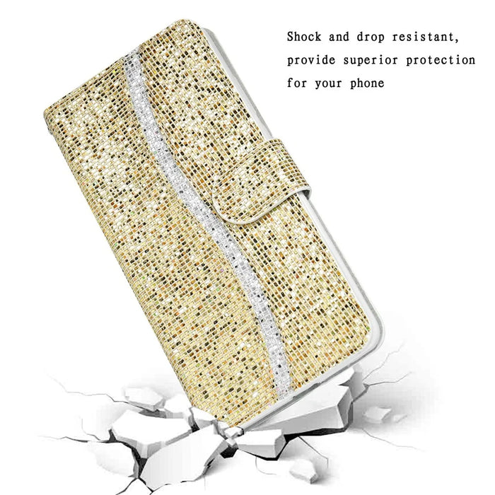For iPhone 15 Plus Cell Phone Case PU Leather Wallet Stand Glitter Splicing Cover with Strap - Gold - 5