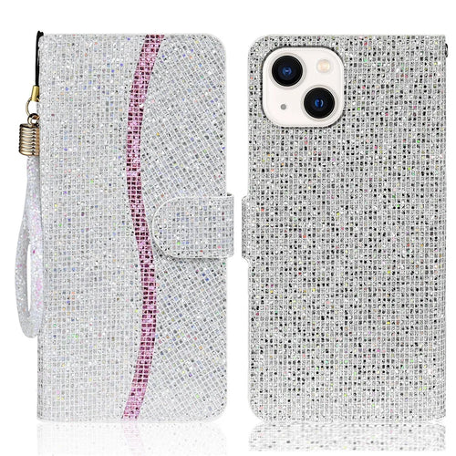 PU Leather Wallet Cover for iPhone 15 Case Stand Glitter Splicing Phone Shell with Strap - Silver - 1