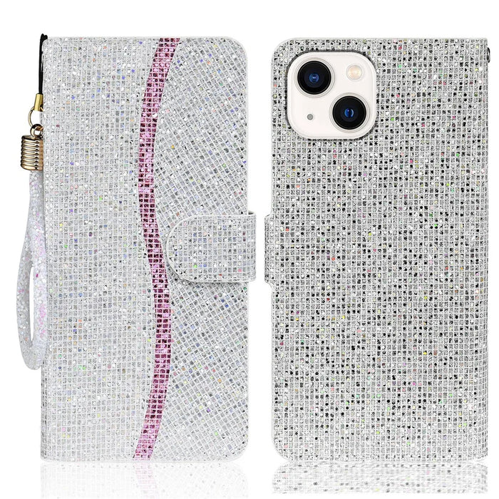 PU Leather Wallet Cover for iPhone 15 Case Stand Glitter Splicing Phone Shell with Strap - Silver - 1