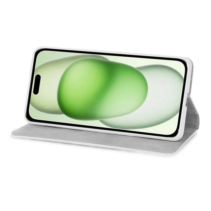 PU Leather Wallet Cover for iPhone 15 Case Stand Glitter Splicing Phone Shell with Strap - Silver - 3