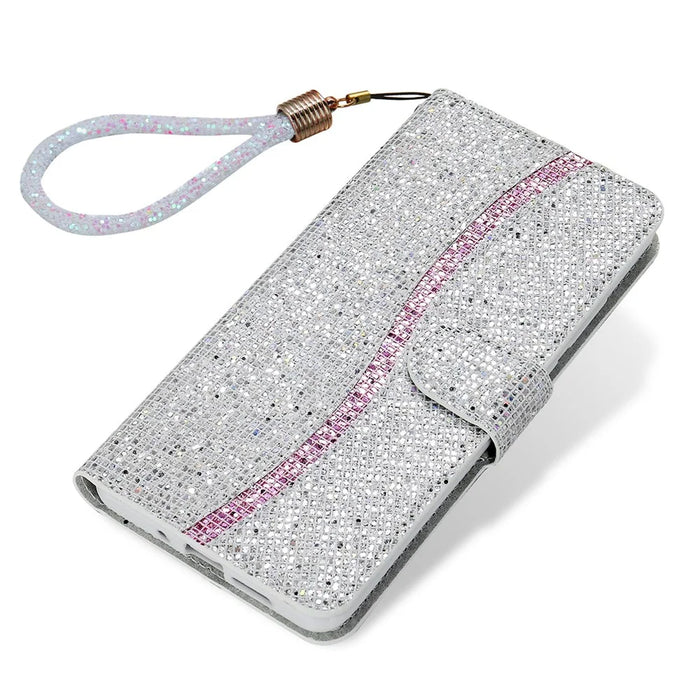 PU Leather Wallet Cover for iPhone 15 Case Stand Glitter Splicing Phone Shell with Strap - Silver - 4