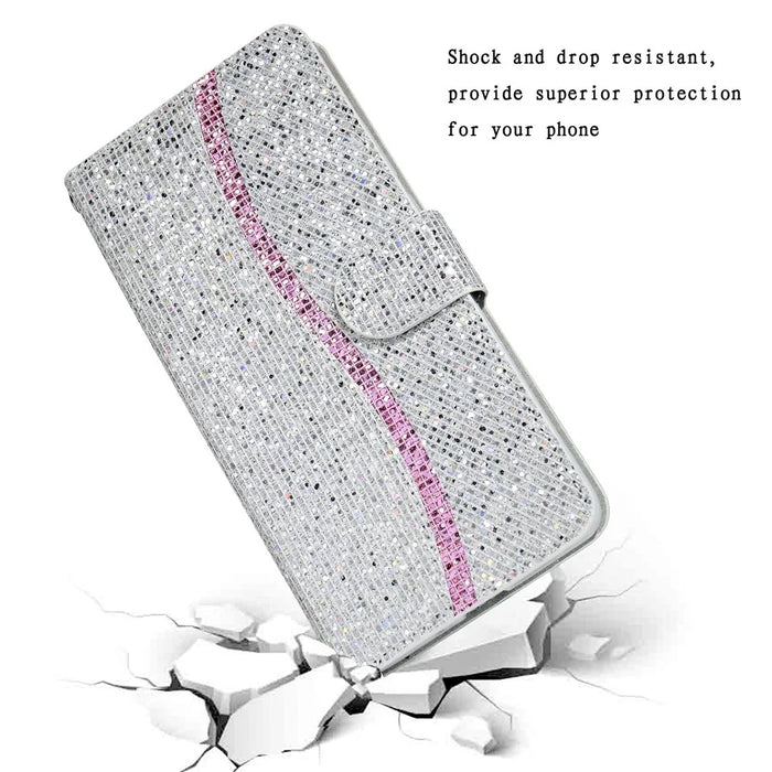 PU Leather Wallet Cover for iPhone 15 Case Stand Glitter Splicing Phone Shell with Strap - Silver - 5