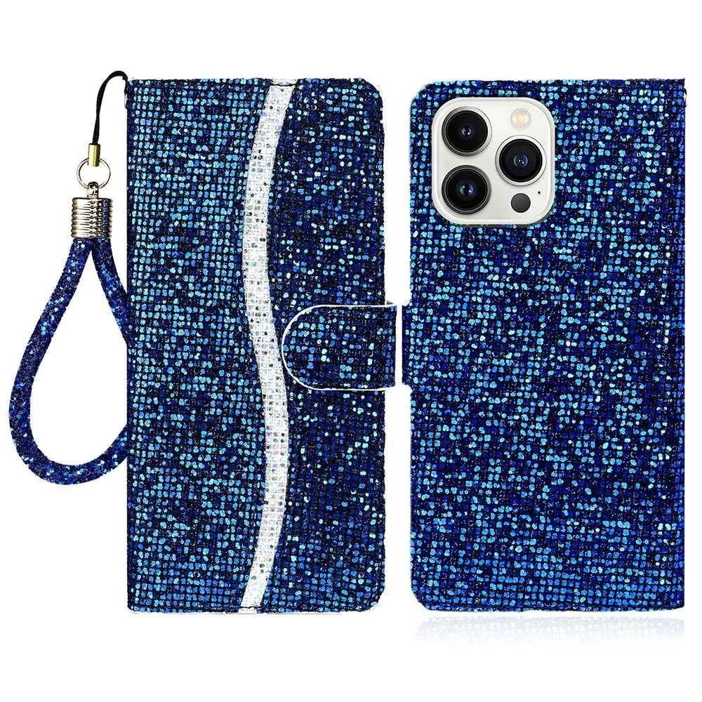 For iPhone 15 Pro Glitter PU Leather Wallet Cover Stand Mobile Splicing Phone Case with Strap - Blue - 1