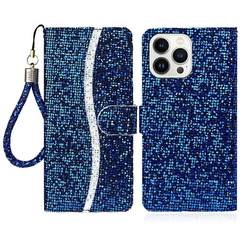 For iPhone 15 Pro Glitter PU Leather Wallet Cover Stand Mobile Splicing Phone Case with Strap - Blue - 1