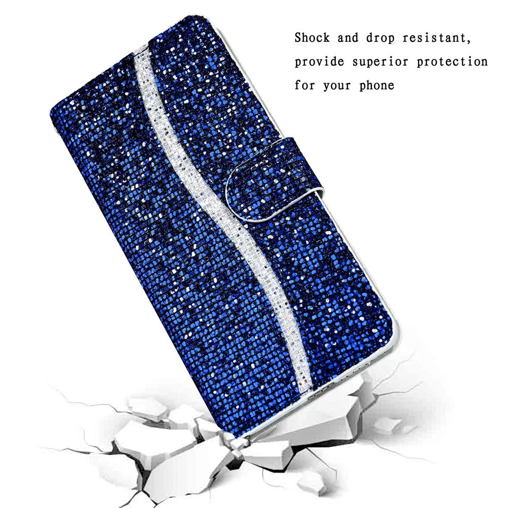 For iPhone 15 Pro Glitter PU Leather Wallet Cover Stand Mobile Splicing Phone Case with Strap - Blue - 5