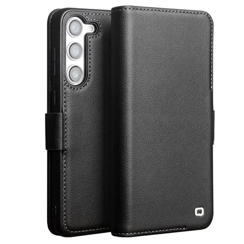 QIALINO For Samsung Galaxy S22 5G Case Genuine Cow Leather Phone Cover - Black - 1