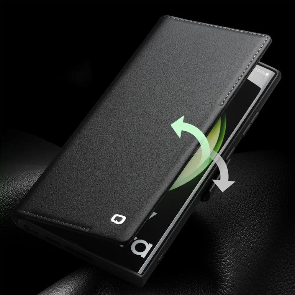 QIALINO For Samsung Galaxy S22 5G Case Genuine Cow Leather Phone Cover - Black - 4