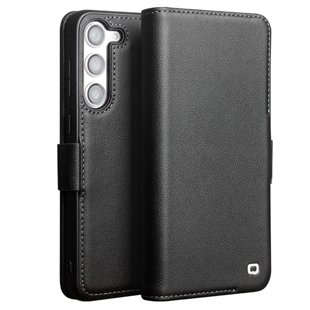 QIALINO For Samsung Galaxy S23+ Case Genuine Cow Leather Cover with Wallet Stand - Black - 1