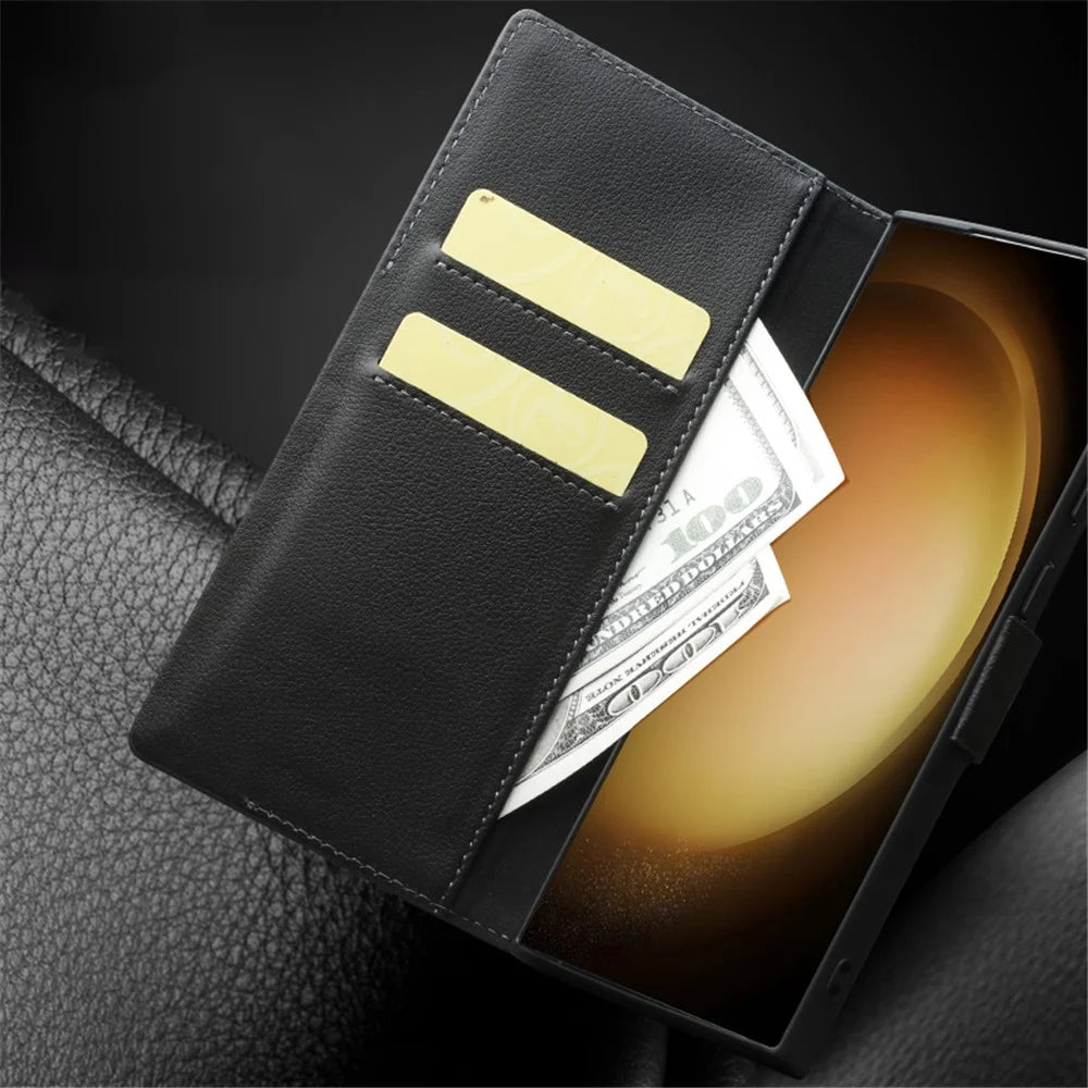 QIALINO For Samsung Galaxy S23+ Case Genuine Cow Leather Cover with Wallet Stand - Black - 3
