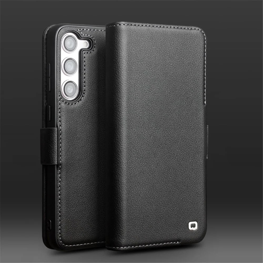 QIALINO For Samsung Galaxy S23+ Case Genuine Cow Leather Cover with Wallet Stand - Black - 5