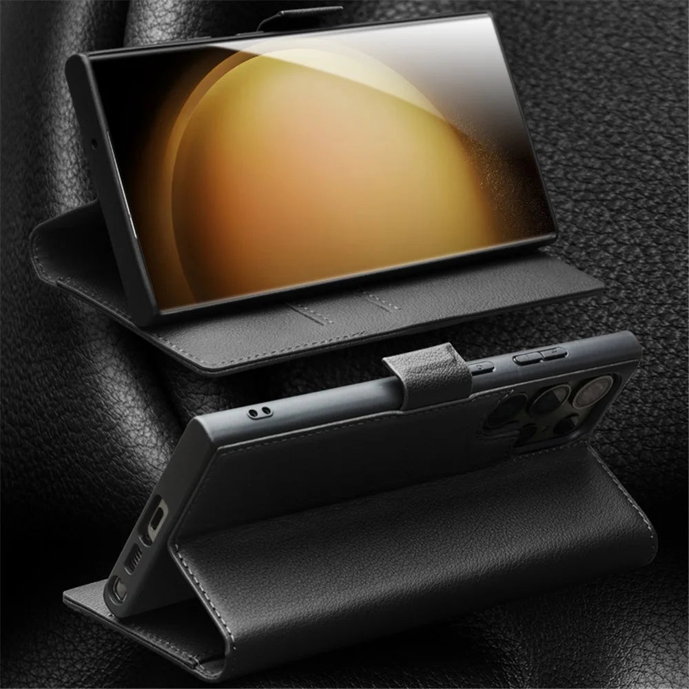 QIALINO For Samsung Galaxy S22 Ultra 5G Case Stand Wallet Phone Cover - Black - 3