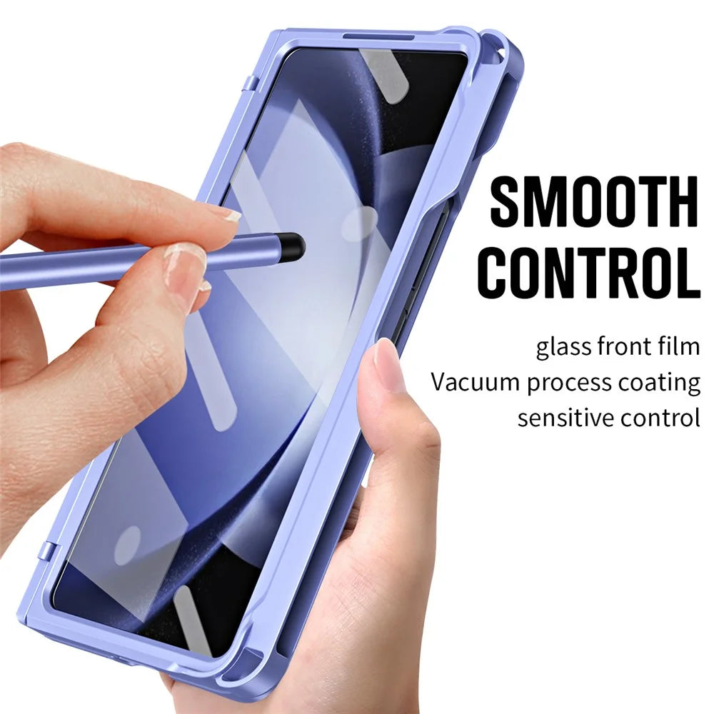For Samsung Galaxy Z Fold5 5G Case Hinge Protection PC Phone Cover with Screen Protector / Stylus Pen - Purple - 6
