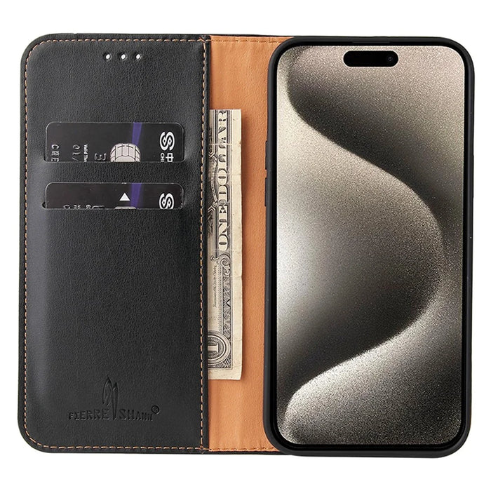 FIERRE SHANN For iPhone 15 Pro Case Magnetic Auto Closing PU Leather Phone Cover - Black - 2