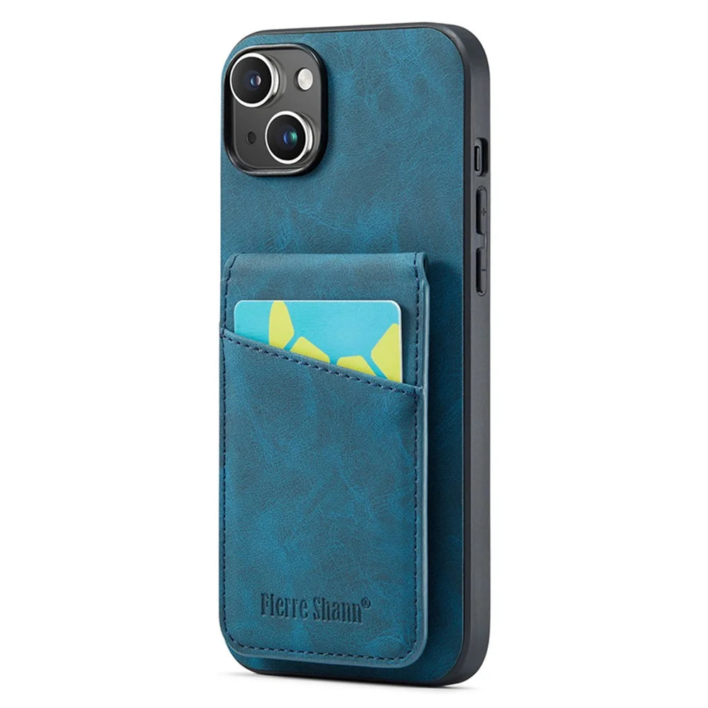 FIERRE SHANN For iPhone 15 Case Card Holder Drop Proof PU Leather+TPU Phone Cover - Blue - Blue - 1
