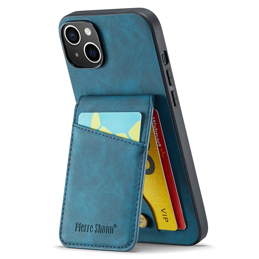 FIERRE SHANN For iPhone 15 Case Card Holder Drop Proof PU Leather+TPU Phone Cover - Blue - Blue - 2