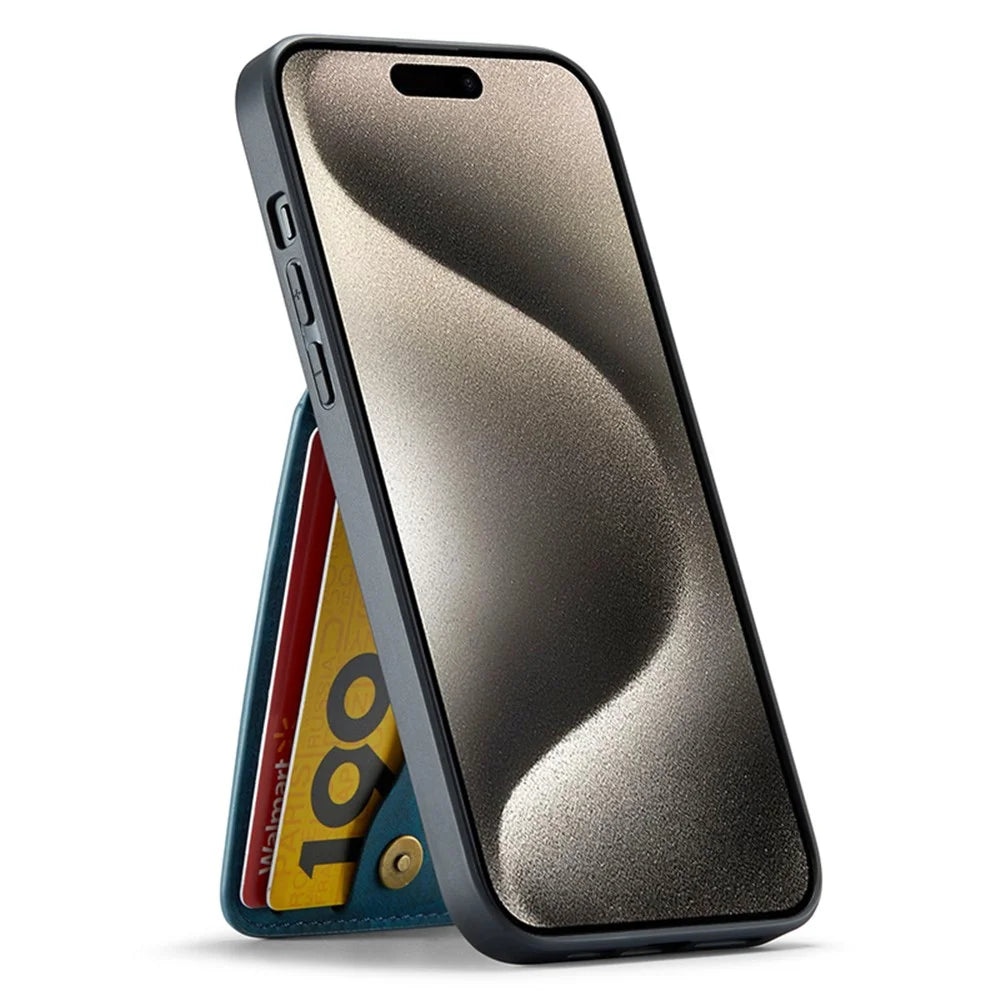 FIERRE SHANN For iPhone 15 Case Card Holder Drop Proof PU Leather+TPU Phone Cover - Blue - Blue - 3
