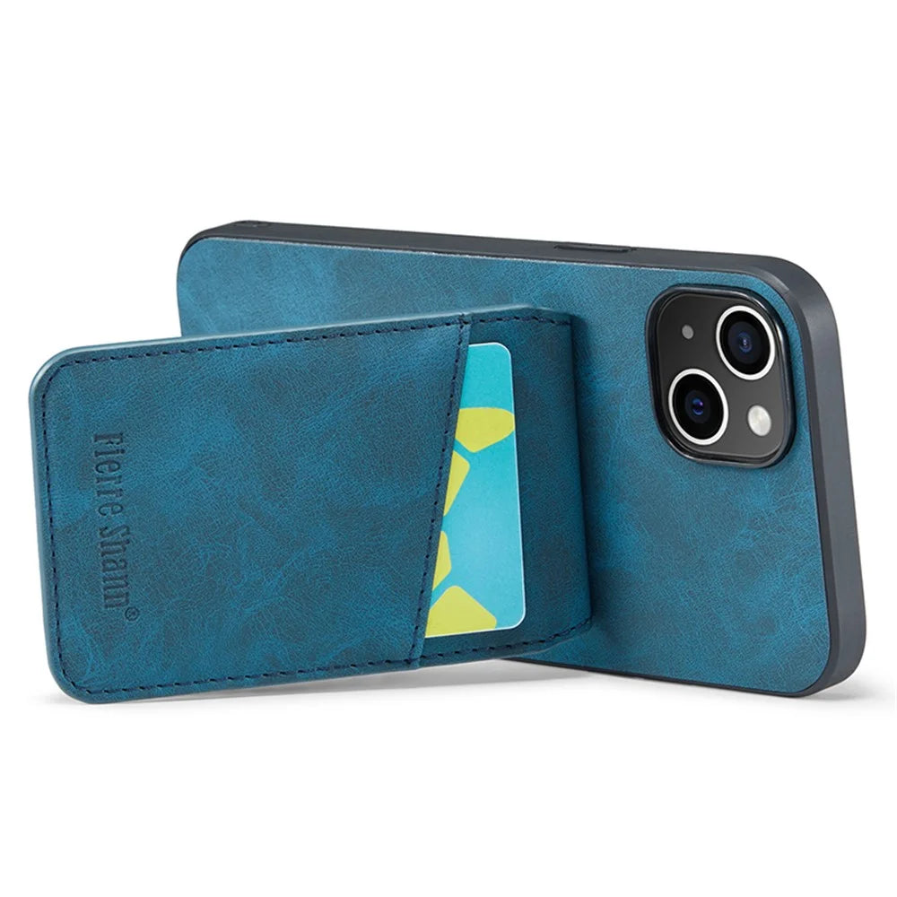 FIERRE SHANN For iPhone 15 Case Card Holder Drop Proof PU Leather+TPU Phone Cover - Blue - Blue - 4