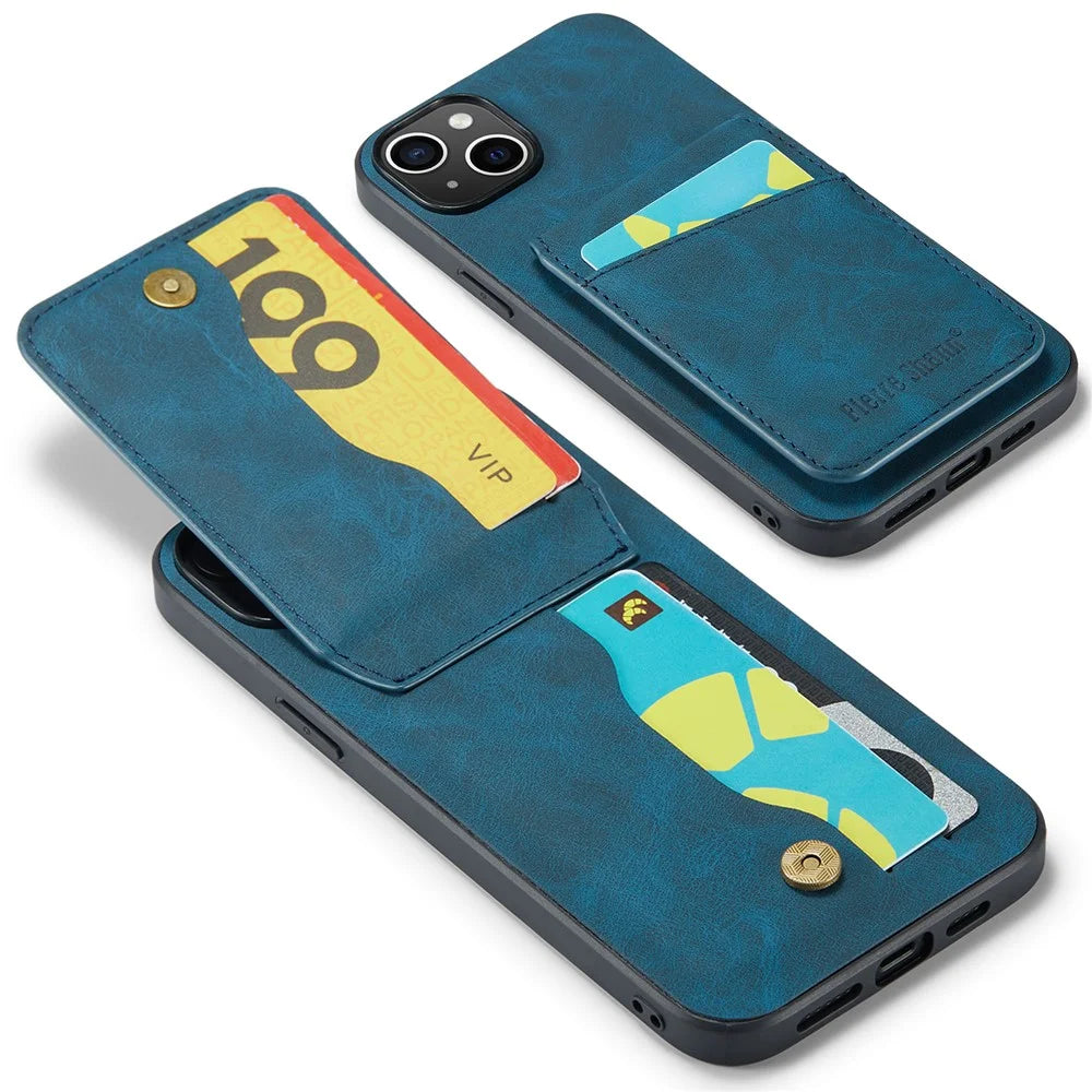 FIERRE SHANN For iPhone 15 Case Card Holder Drop Proof PU Leather+TPU Phone Cover - Blue - Blue - 5