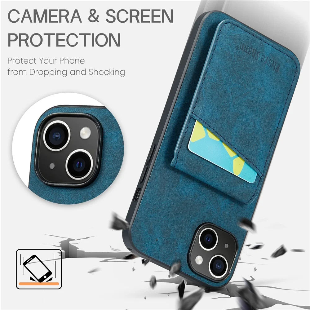 FIERRE SHANN For iPhone 15 Case Card Holder Drop Proof PU Leather+TPU Phone Cover - Blue - Blue - 6