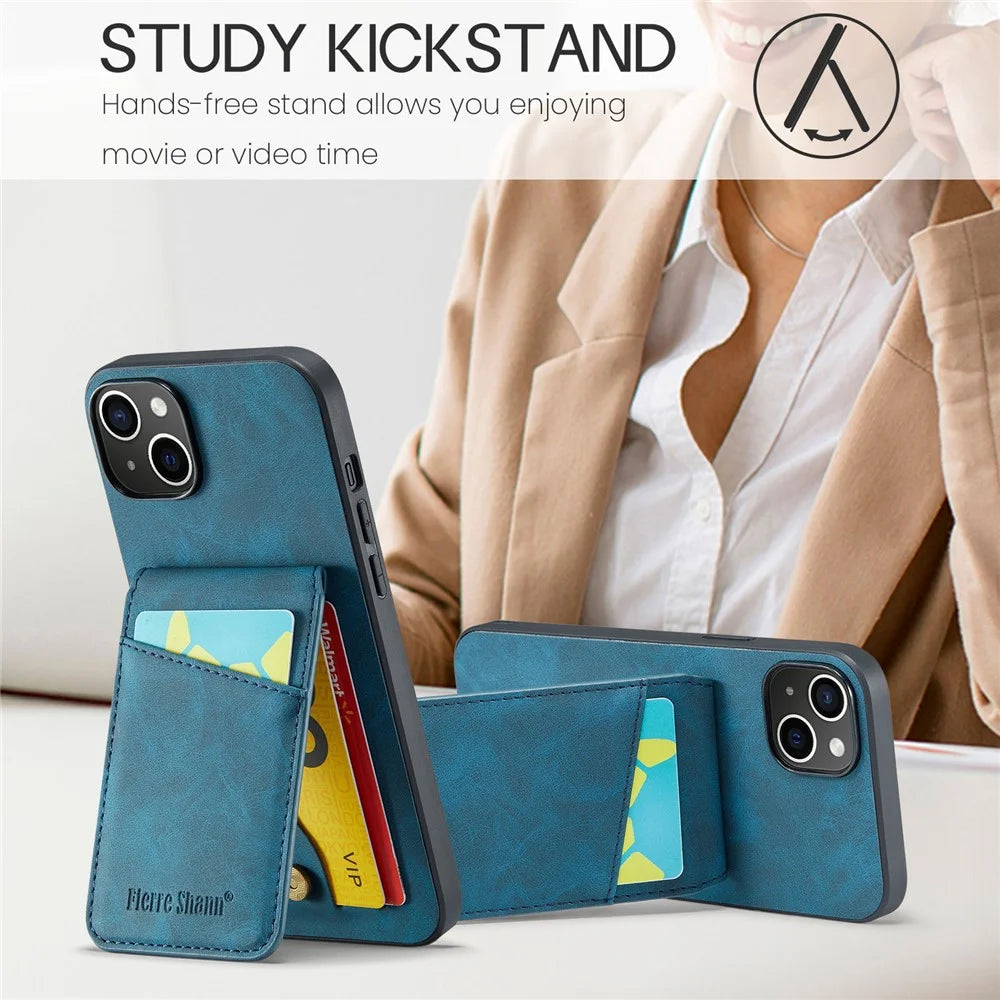 FIERRE SHANN For iPhone 15 Case Card Holder Drop Proof PU Leather+TPU Phone Cover - Blue - Blue - 7