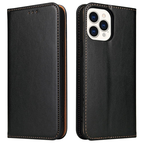 FIERRE SHANN For iPhone 15 Pro Max Case Magnetic Auto Closing Textured PU Leather Phone Cover - Black - 1