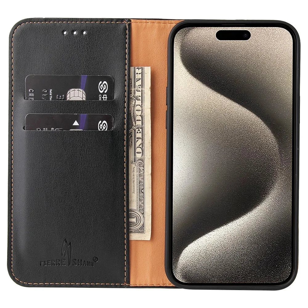 FIERRE SHANN For iPhone 15 Pro Max Case Magnetic Auto Closing Textured PU Leather Phone Cover - Black - 2