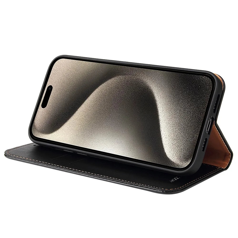 FIERRE SHANN For iPhone 15 Pro Max Case Magnetic Auto Closing Textured PU Leather Phone Cover - Black - 3