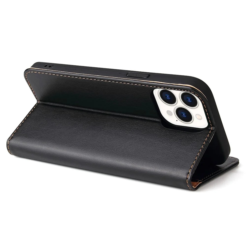 FIERRE SHANN For iPhone 15 Pro Max Case Magnetic Auto Closing Textured PU Leather Phone Cover - Black - 4